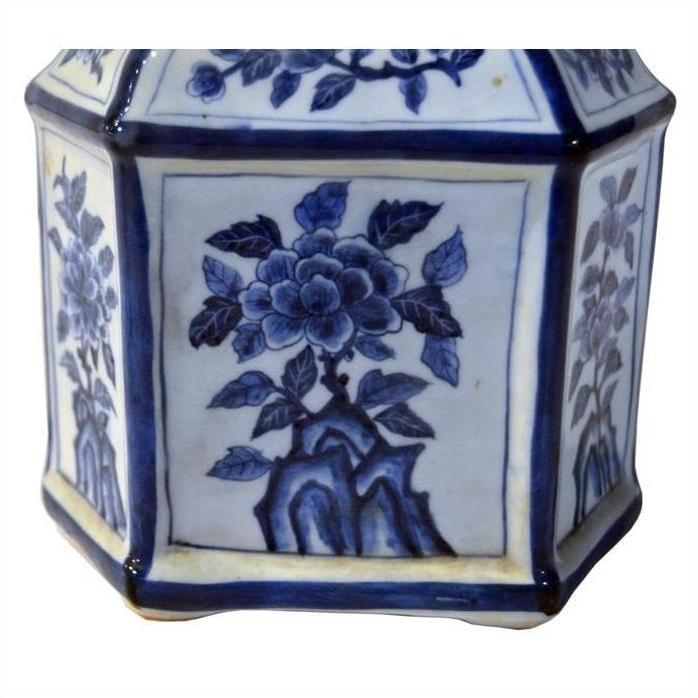 Blue and white porcelain sake bottle, hexagonal shape, hand-painted floral panels, antique Chinese Taisho style.