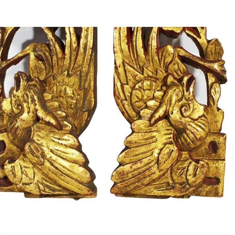 Gold wood Chinese temple carvings, pair of mythical birds with open beaks on plain white background, close-up view.