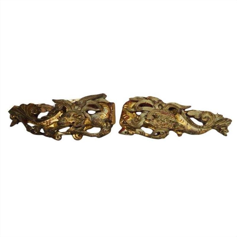 Gold-toned antique Chinese temple wood carvings, ornate design, displayed side by side on a white background.