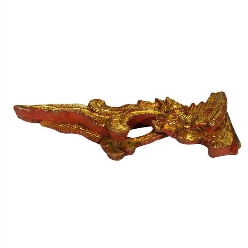 Gold and red wood Chinese temple carvings, pair, side view, white background.