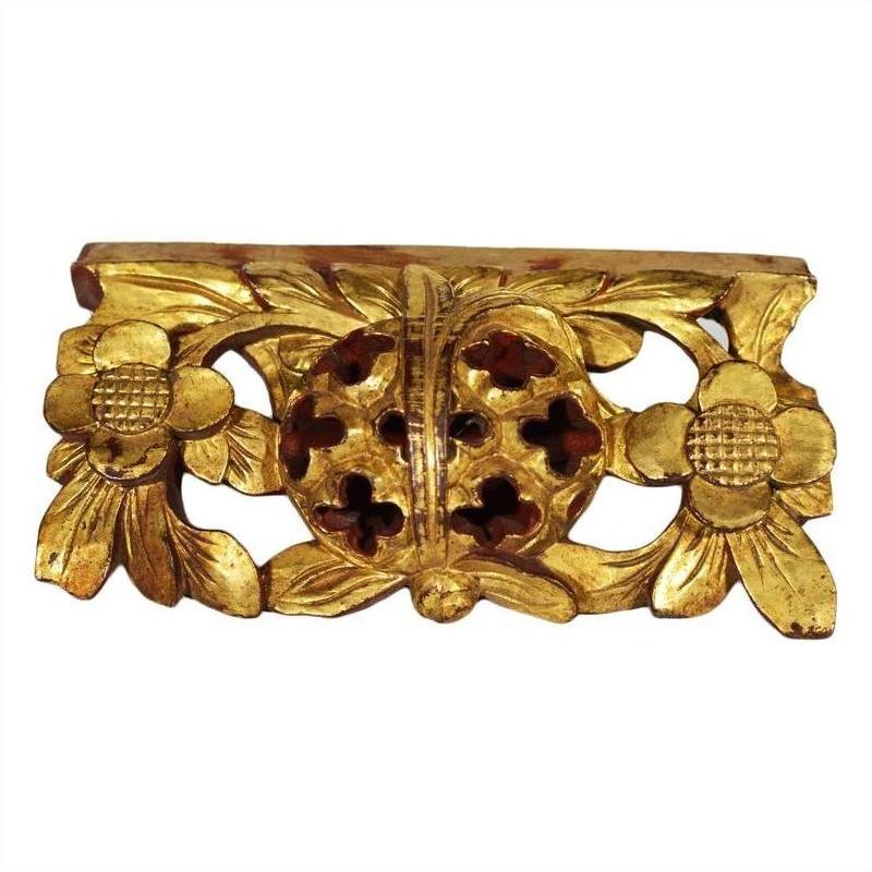 Gold-finished antique Chinese temple carvings pair with two flowers, central circular motif, and floral cut-out details.