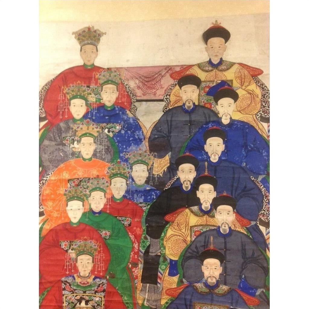Colorful silk wall hanging with antique Chinese design, showing men and women in ornate robes and hats.