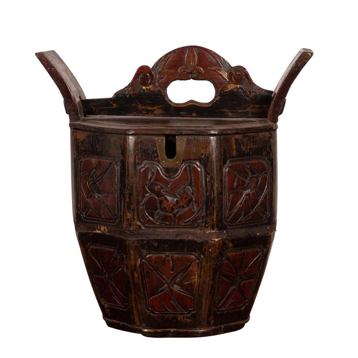 Brown wood Chinese wedding box with carved handle, animal and foliage designs, and two side handles.