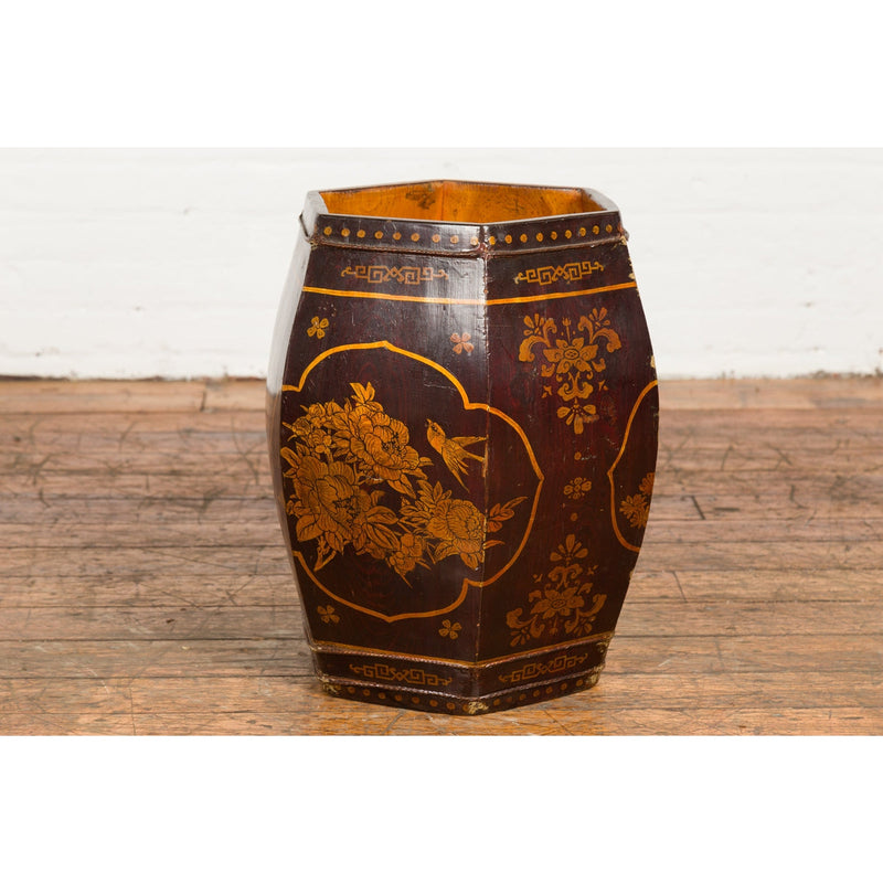 Wooden Rice Barrel with Fish, Flowers, Deer and Bird Motifs FEA Home