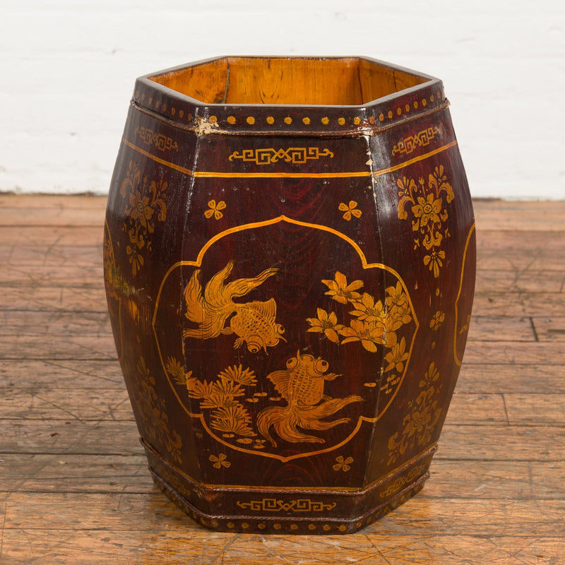 Wooden Rice Barrel with Fish, Flowers, Deer and Bird Motifs FEA Home