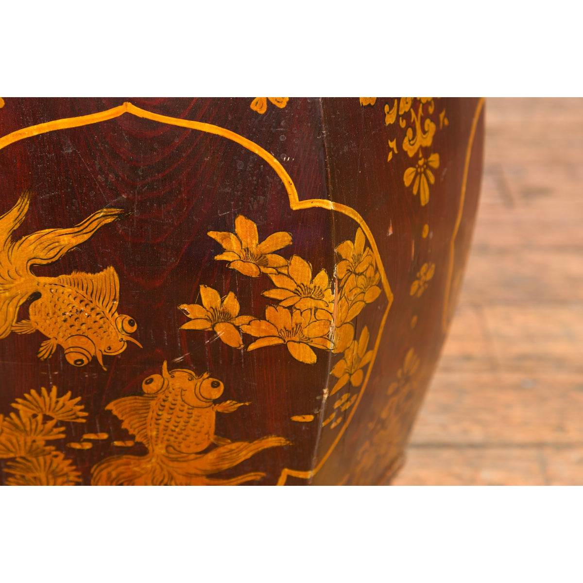Wooden Rice Barrel with Fish, Flowers, Deer and Bird Motifs FEA Home