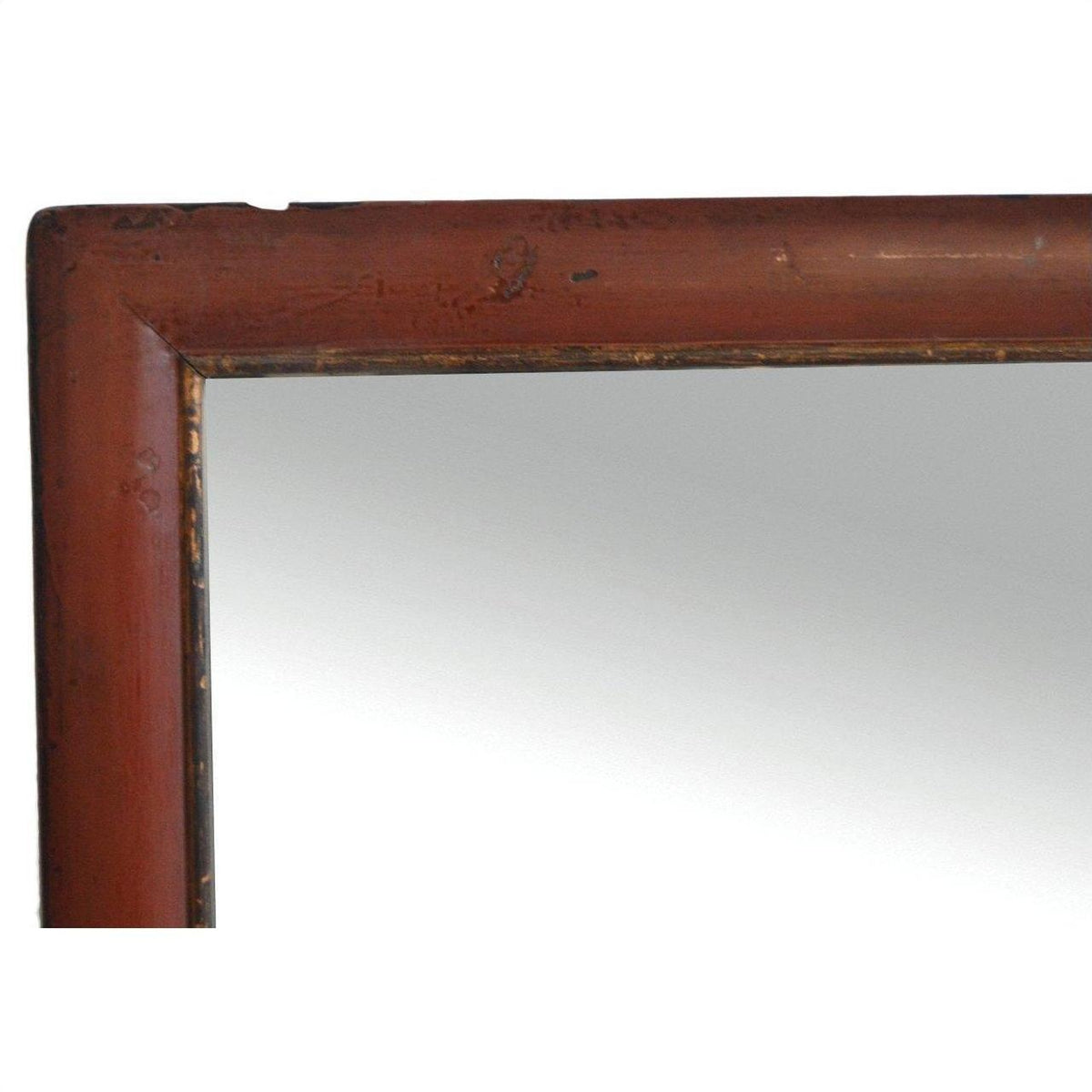 Close-up of reddish weathered wood frame on the Antique Classic Mirror, rustic finish, vintage style visible.