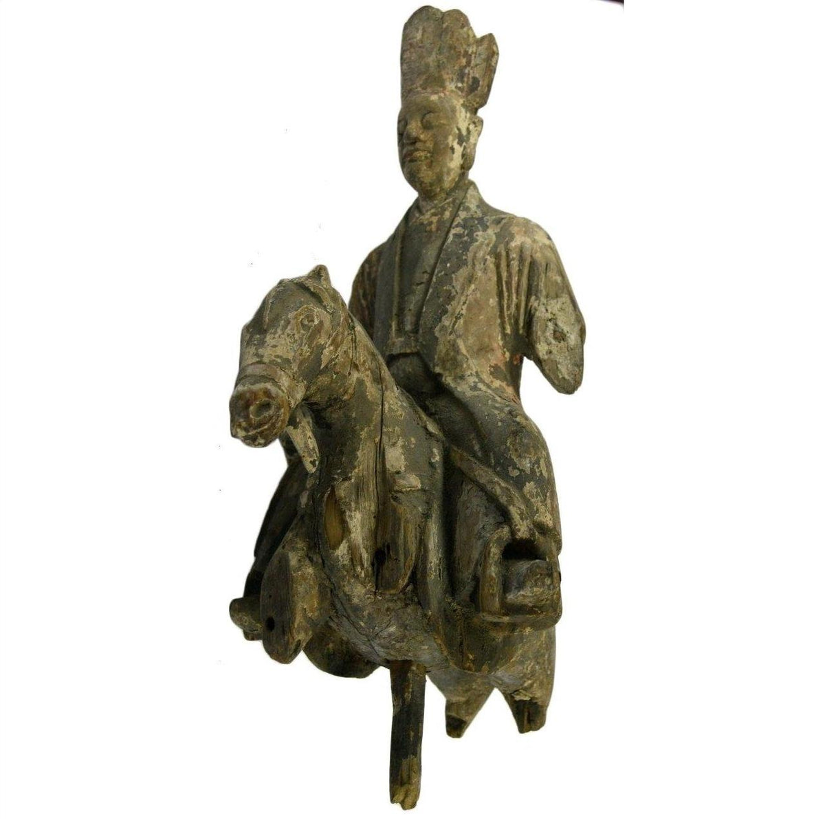 Brown wood Chinese merchant statue on horse, hand carved, weathered, missing base, isolated on white background.