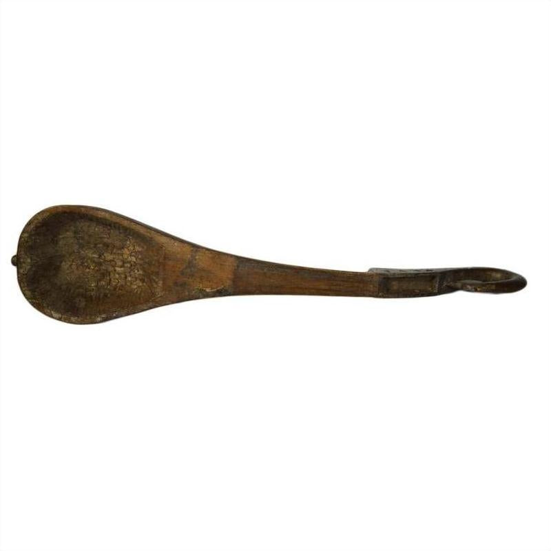 Brown hand-carved wooden Indian lute with long tapered neck against a plain white background.