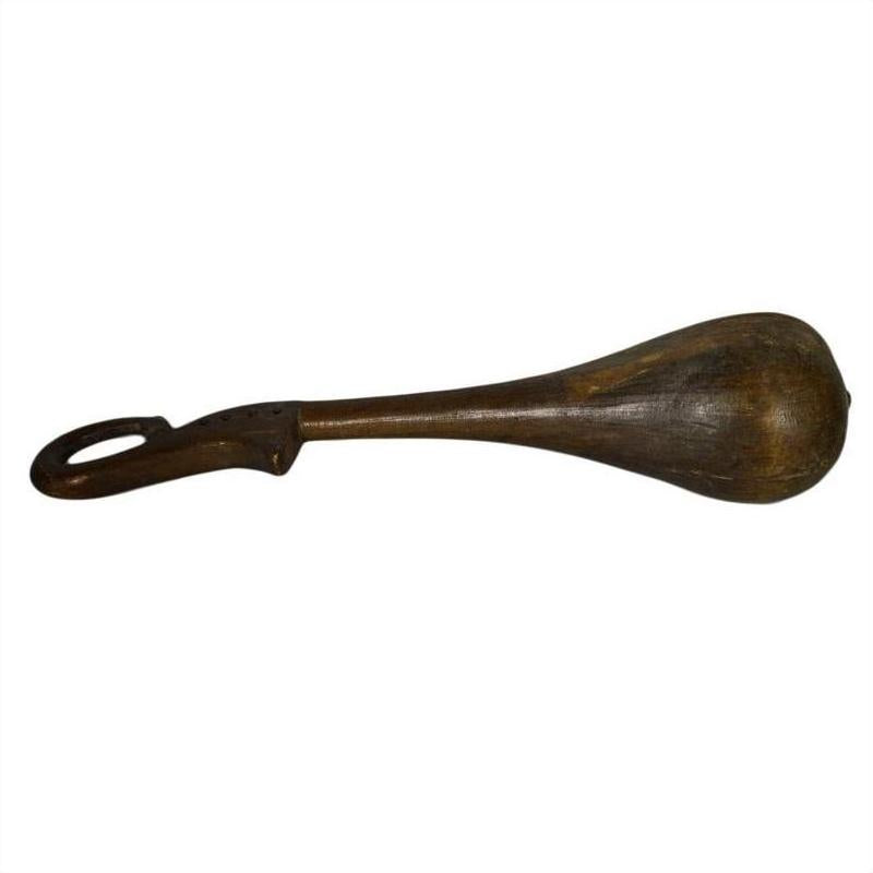 Brown wood hand-carved Indian lute with teardrop shape and handle, vintage style, on plain background.