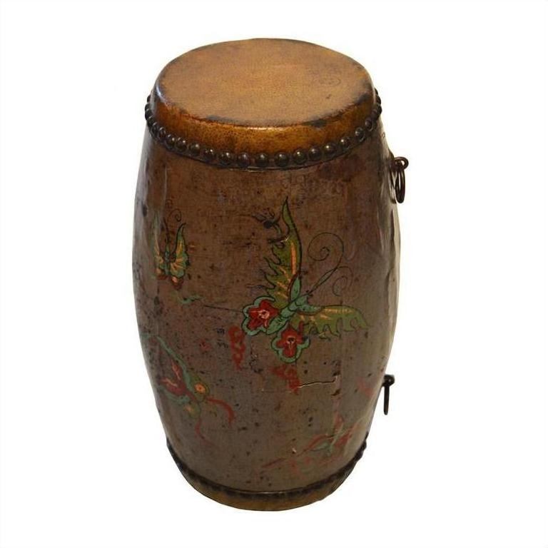 Red and gold hand-painted antique Chinese drum with leather top, butterfly motifs, and floral designs on sides.