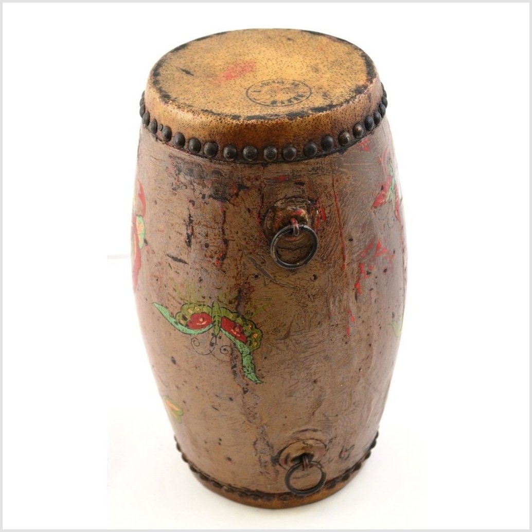 Antique Hand painted Wood and Leather Drum-6. Asian &amp; Chinese Furniture, Art, Antiques, Vintage Home Décor for sale at FEA Home