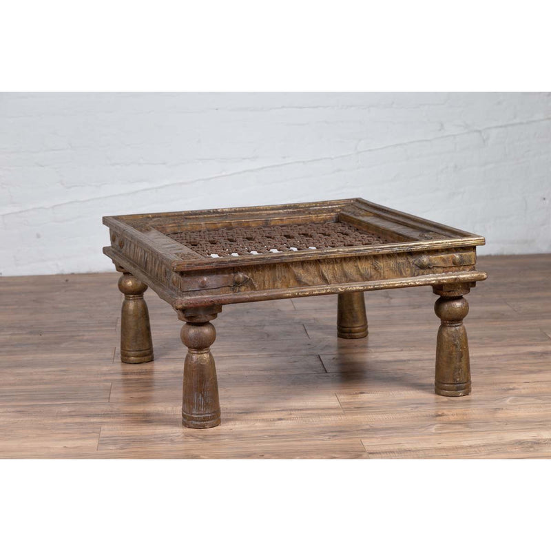 Antique Indian Brass Window Grate Coffee Table with Iron Geometric Design-YN6335-11. Asian & Chinese Furniture, Art, Antiques, Vintage Home Décor for sale at FEA Home