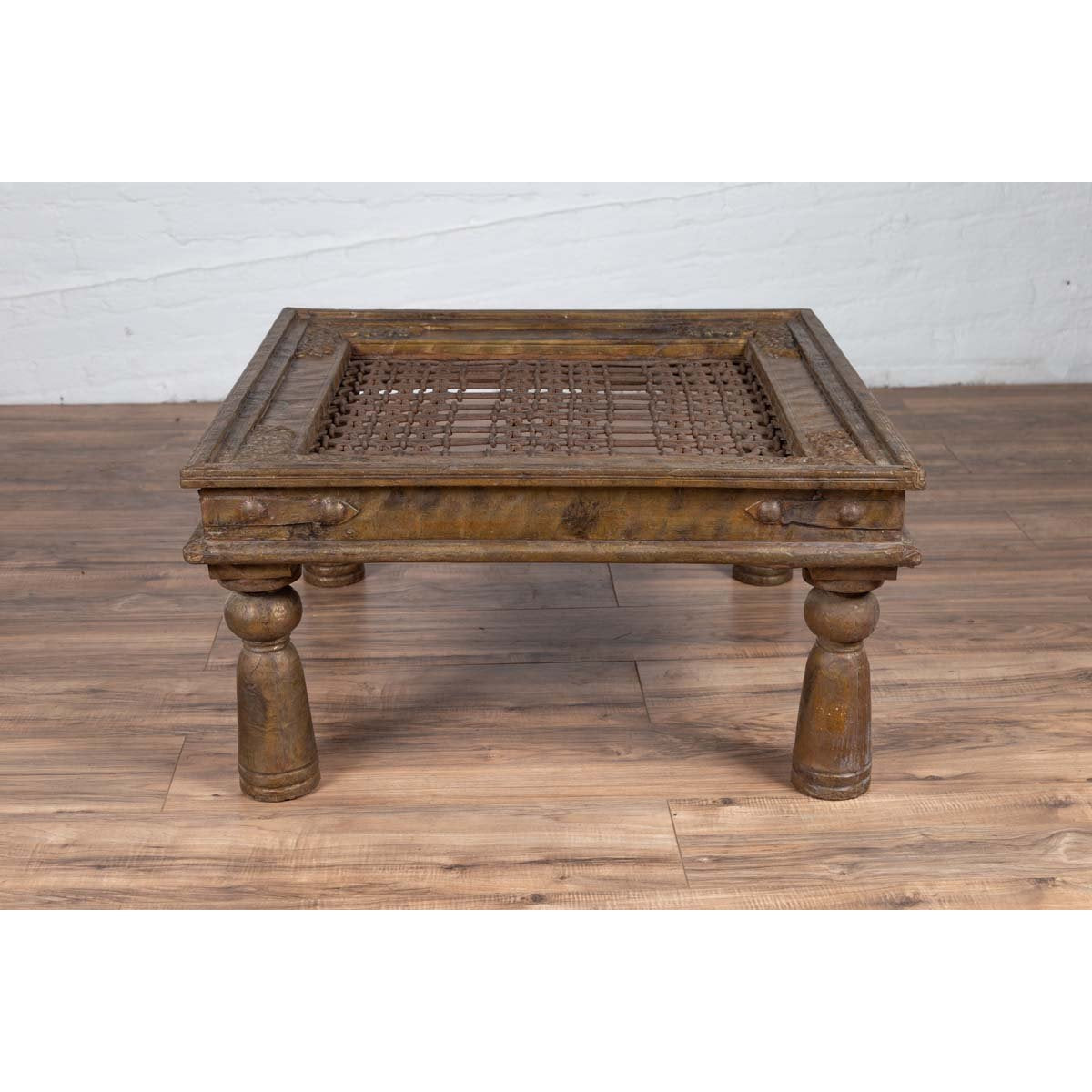 Antique Indian Brass Window Grate Coffee Table with Iron Geometric Design-12. Asian &amp; Chinese Furniture, Art, Antiques, Vintage Home Décor for sale at FEA Home