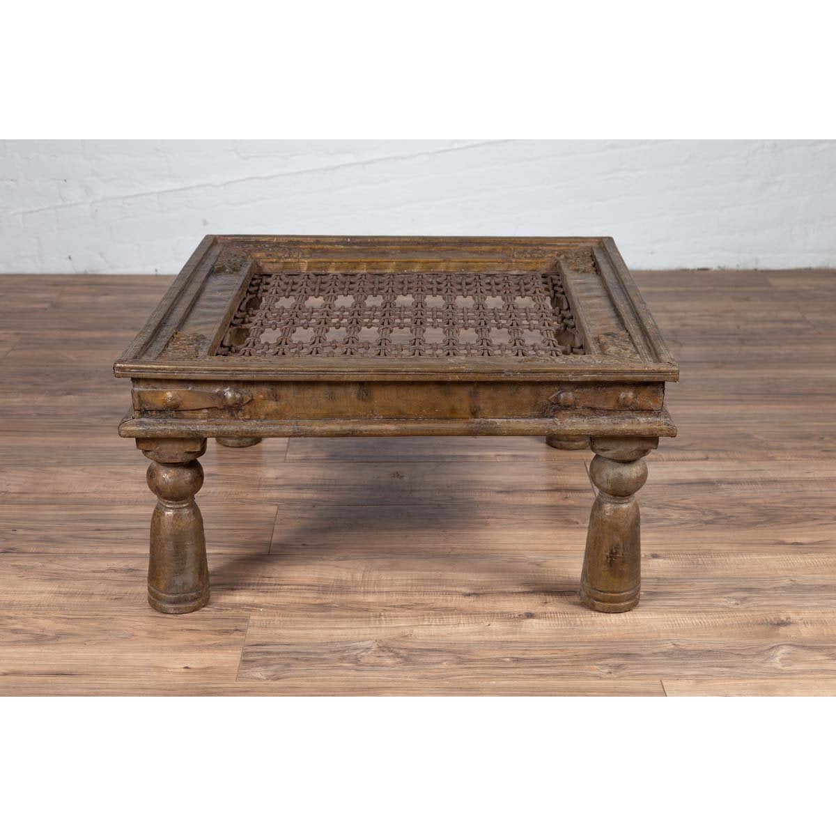 Antique Indian Brass Window Grate Coffee Table with Iron Geometric Design-13. Asian &amp; Chinese Furniture, Art, Antiques, Vintage Home Décor for sale at FEA Home