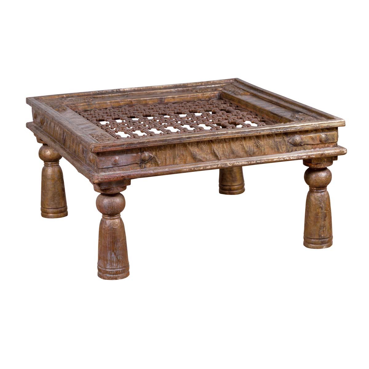 Antique Indian Brass Window Grate Coffee Table with Iron Geometric Design-1. Asian & Chinese Furniture, Art, Antiques, Vintage Home Décor for sale at FEA Home