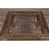 Antique Indian Brass Window Grate Coffee Table with Iron Geometric Design