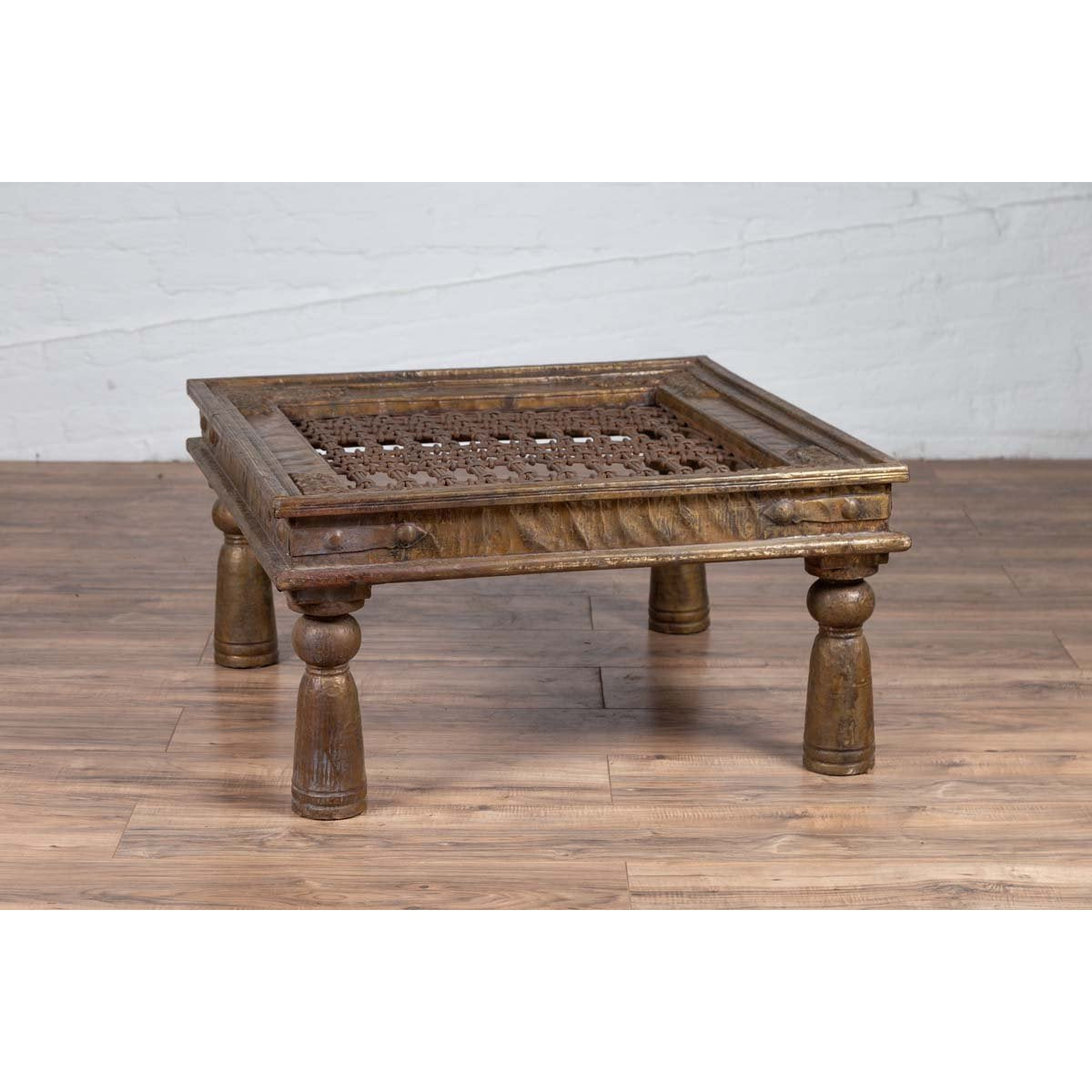 Antique Indian Brass Window Grate Coffee Table with Iron Geometric Design-9. Asian &amp; Chinese Furniture, Art, Antiques, Vintage Home Décor for sale at FEA Home