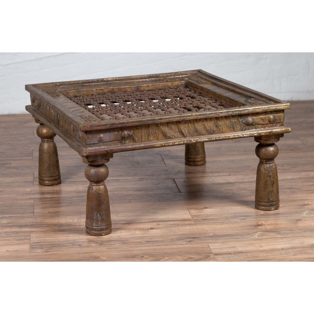 Antique Indian Brass Window Grate Coffee Table with Iron Geometric Design-10. Asian &amp; Chinese Furniture, Art, Antiques, Vintage Home Décor for sale at FEA Home