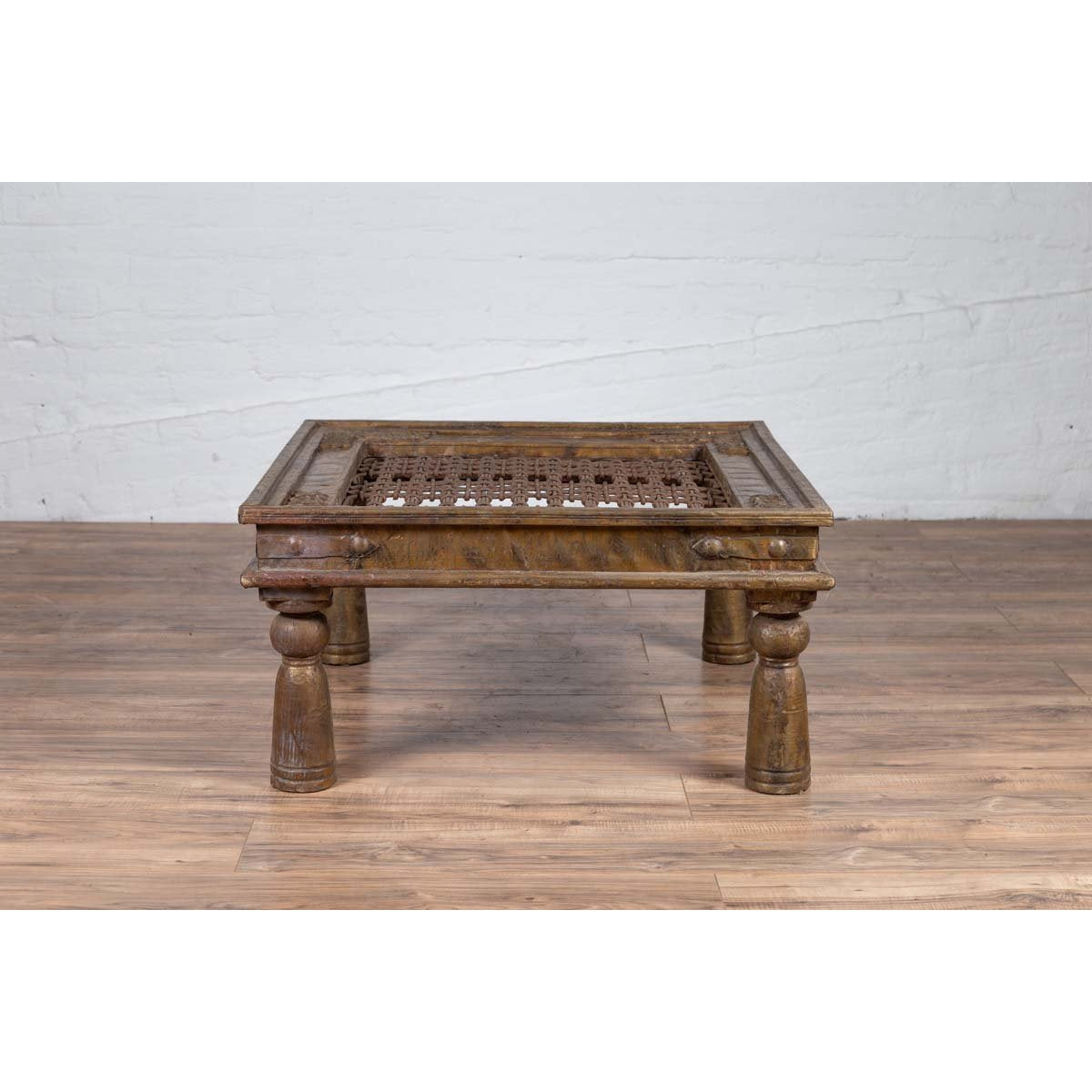 Antique Indian Brass Window Grate Coffee Table with Iron Geometric Design-2. Asian & Chinese Furniture, Art, Antiques, Vintage Home Décor for sale at FEA Home