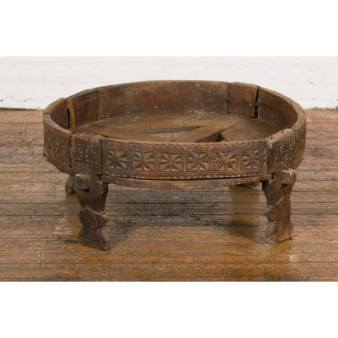 Antique Indian Chakki Grinding Table with Hand-Carved Geometric Décor-15. Asian & Chinese Furniture, Art, Antiques, Vintage Home Décor for sale at FEA Home