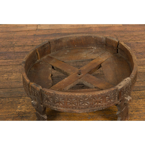 Antique Indian Chakki Grinding Table with Hand-Carved Geometric Décor-4. Asian & Chinese Furniture, Art, Antiques, Vintage Home Décor for sale at FEA Home
