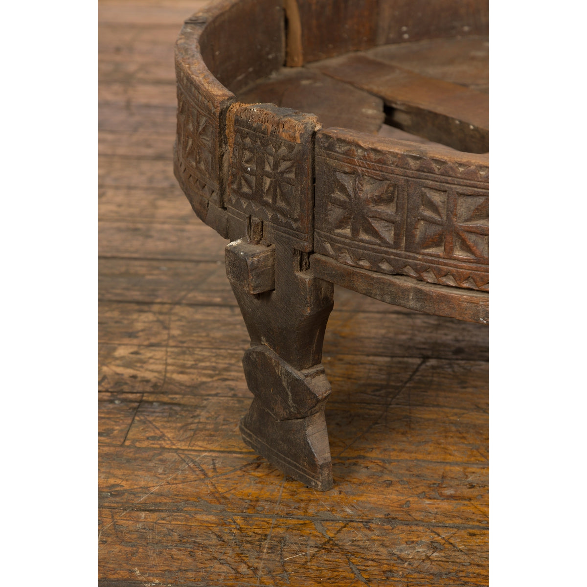 Antique Indian Chakki Grinding Table with Hand-Carved Geometric Décor-9. Asian &amp; Chinese Furniture, Art, Antiques, Vintage Home Décor for sale at FEA Home