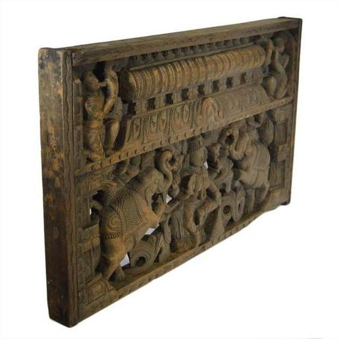 Antique Indian Hand-Carved Sheesham Religious Temple Plaque, Early 20th Century-7. Asian &amp; Chinese Furniture, Art, Antiques, Vintage Home Décor for sale at FEA Home