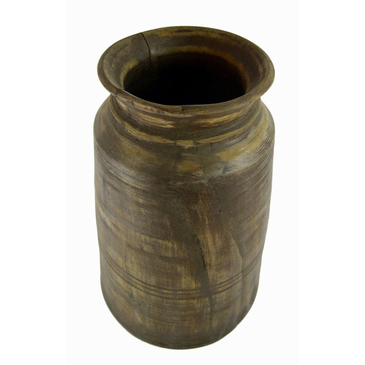 Close-up of tall brown antique Indian milk storage container vase with wide opening and slightly flared rim.
