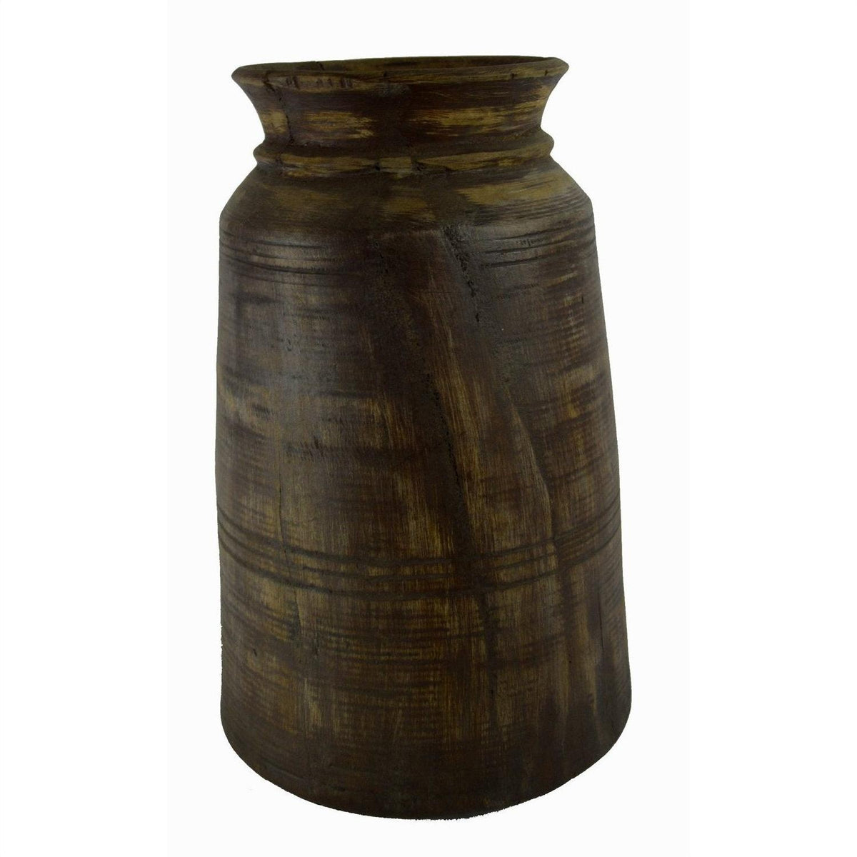 Close-up of rustic brown wooden antique Indian milk storage container with wide mouth and visible grain texture.