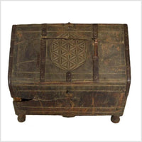 Antique Indian Mughal Wood Dowry Chest with Carved Patterns, 19th Century