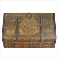 Antique Indian Mughal Wood Dowry Chest with Carved Patterns, 19th Century
