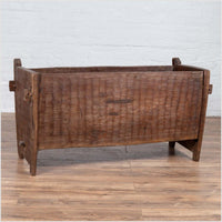 Antique Indian Rustic Wooden Planter Box with Weathered Patina and Chiseled Body