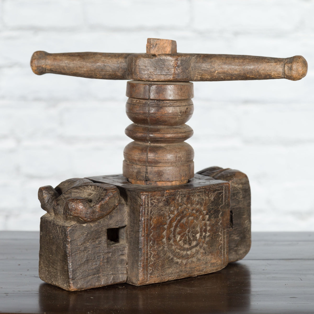 Indian Wooden Noodle Grinder with Rams-1. Asian & Chinese Furniture, Art, Antiques, Vintage Home Décor for sale at FEA Home