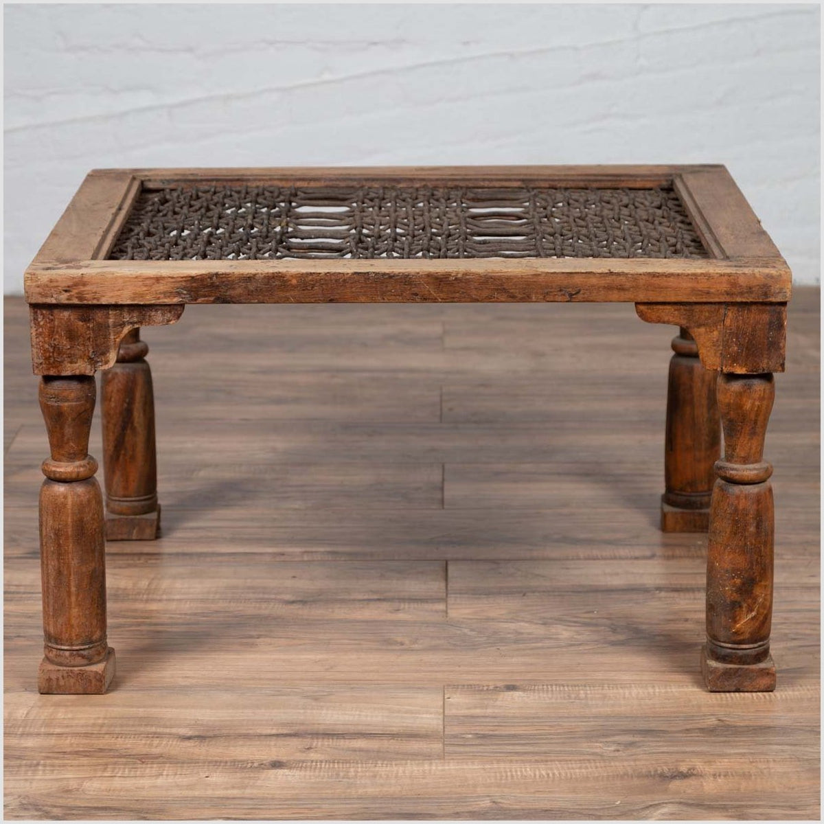 Antique Indian Wooden Side Table with Window Grate and Turned Baluster Legs-13. Asian &amp; Chinese Furniture, Art, Antiques, Vintage Home Décor for sale at FEA Home