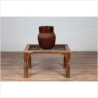 Antique Indian Wooden Side Table with Window Grate and Turned Baluster Legs