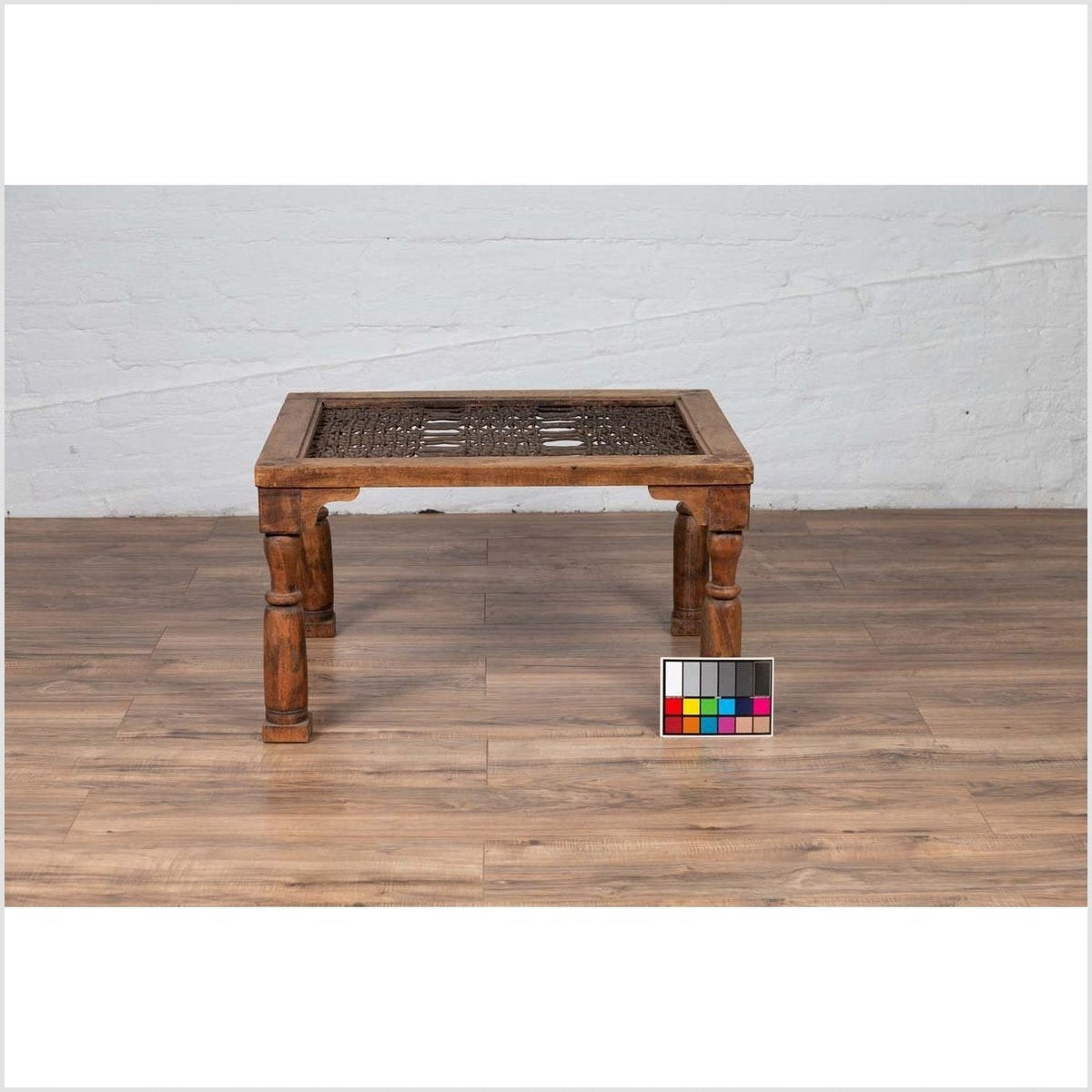Antique Indian Wooden Side Table with Window Grate and Turned Baluster Legs-3. Asian &amp; Chinese Furniture, Art, Antiques, Vintage Home Décor for sale at FEA Home