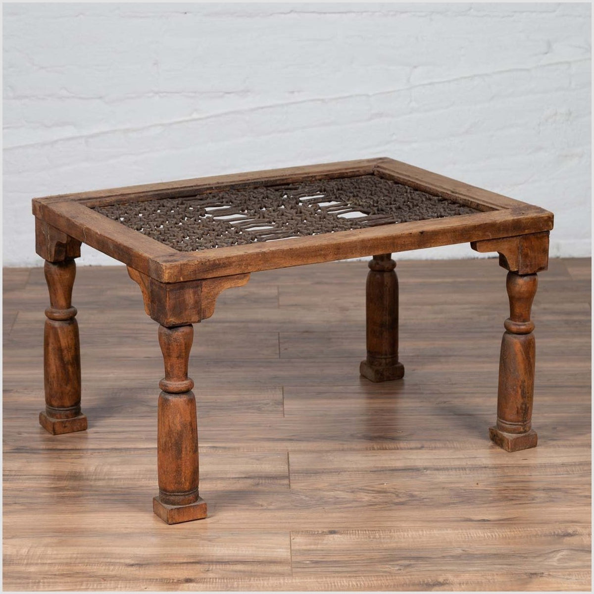 Antique Indian Wooden Side Table with Window Grate and Turned Baluster Legs-2. Asian & Chinese Furniture, Art, Antiques, Vintage Home Décor for sale at FEA Home