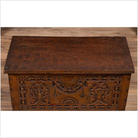 Antique Indonesian Decorative Wooden Box with Carved Flowers and Architecture