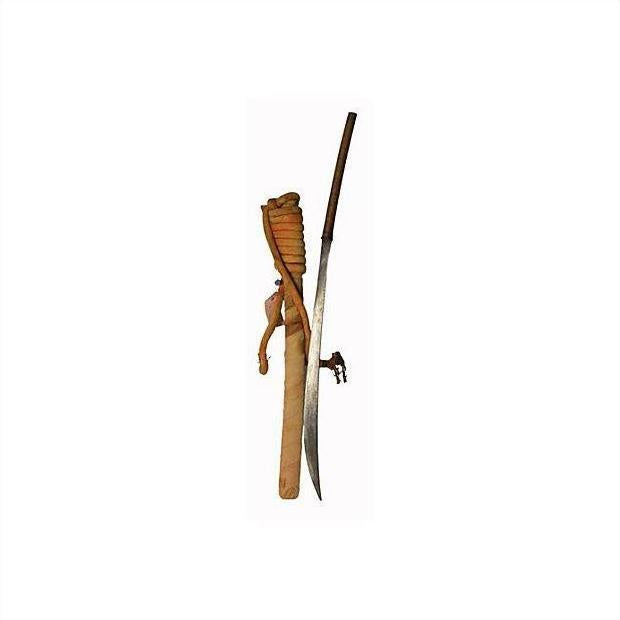 Brown wooden antique Indonesian sword with hand-carved animal detail on scabbard, displayed in full view.