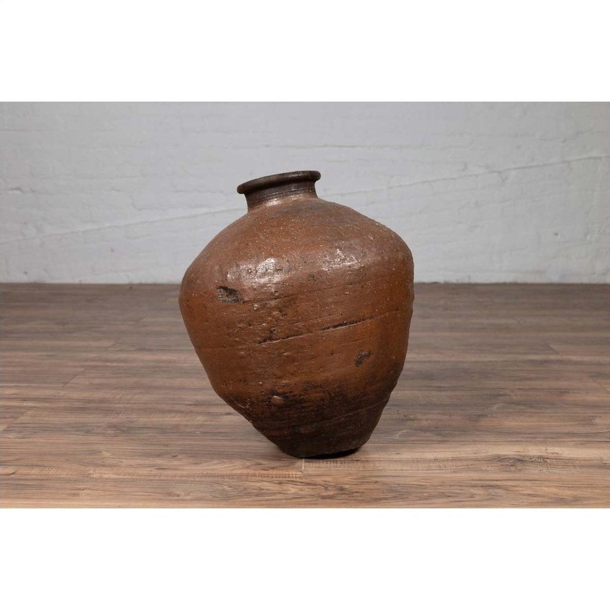 Antique Japanese Brown Oil Jar with Weathered Appearance and Irregular Shape-10. Asian &amp; Chinese Furniture, Art, Antiques, Vintage Home Décor for sale at FEA Home