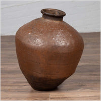Antique Japanese Brown Oil Jar with Weathered Appearance and Irregular Shape