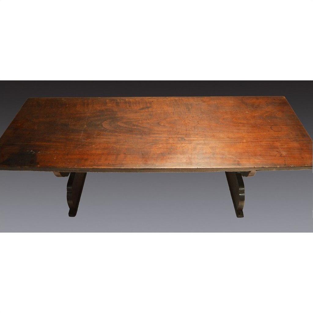 Dark wood antique Japanese desk with rectangular top, two sturdy legs, overhead view.