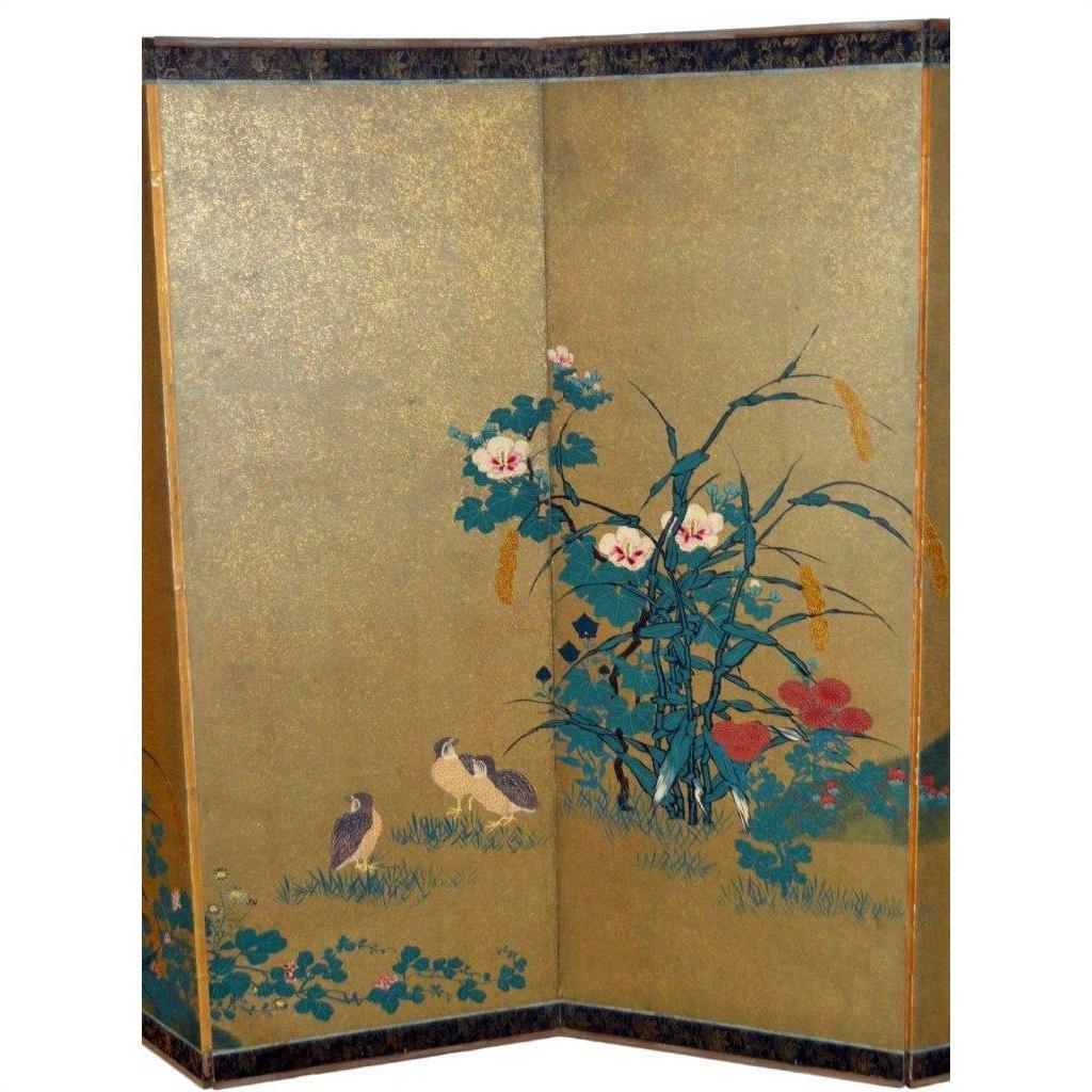 Gold gilt rice paper Japanese 6-panel screen with painted flowers, tall grass, and two birds, Taisho period.
