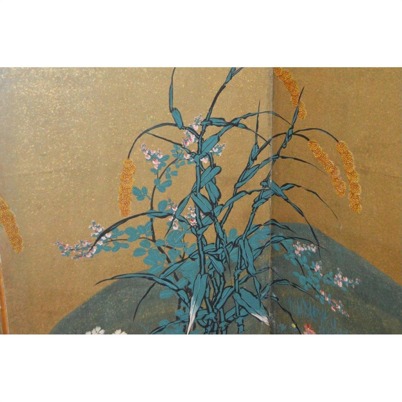Gold Japanese gilt screen with blue-green leafy plants and yellow flowers on rice paper, 6-panel, Taisho era.