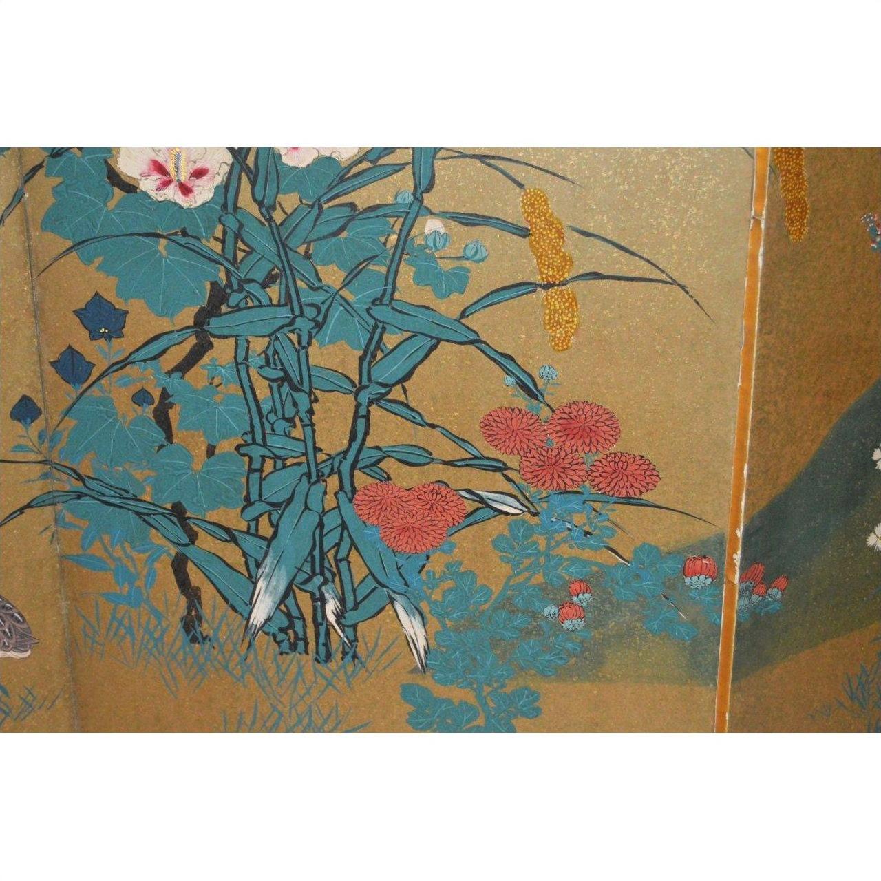 Blue-green and red-white flowers with leaves on gilt rice paper, 6-panel Japanese screen, antique style.