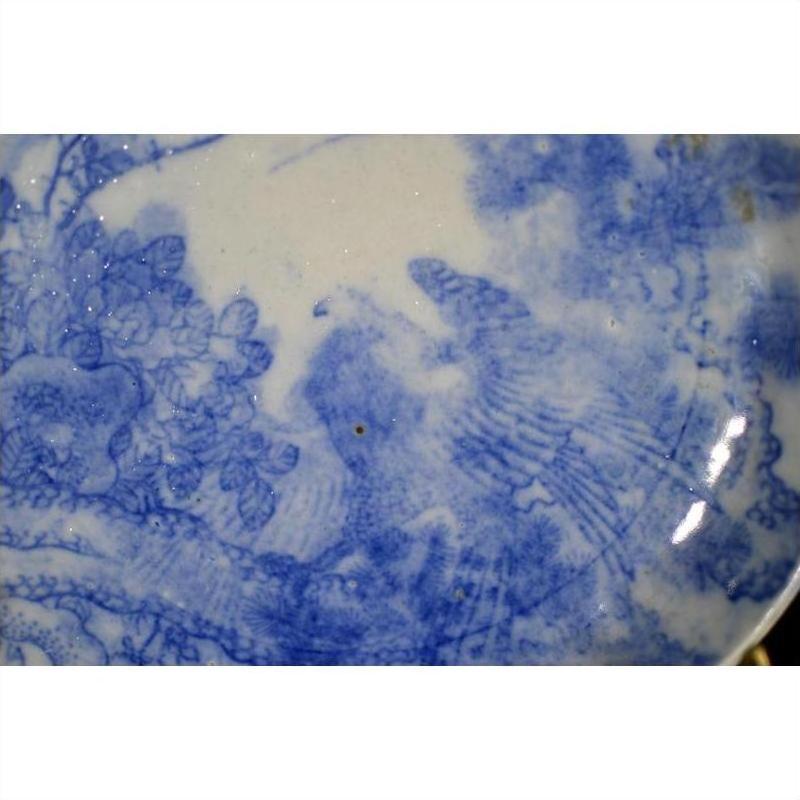 Blue and white ceramic Igezara plate with Meiji Period bird and floral designs, close-up.