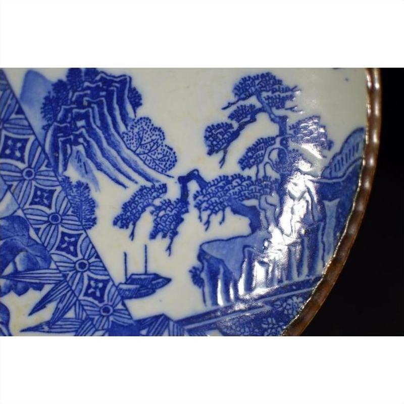 Close-up of blue and white porcelain Igezara plate with transferware landscapes, trees, rocks, and geometric patterns.
