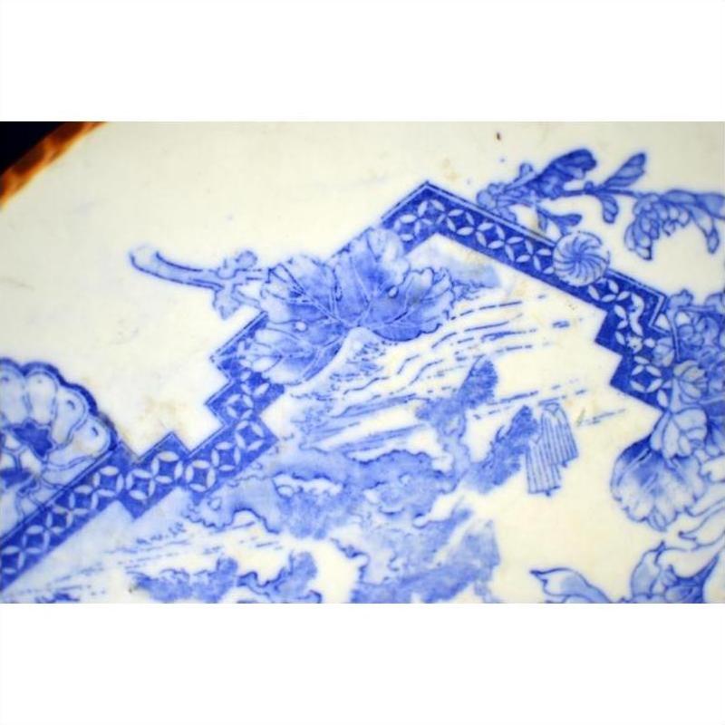 Blue and white porcelain Igezara plate with intricate floral and geometric edge patterns, close-up.