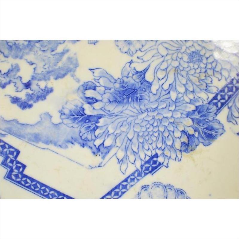 Blue and white porcelain Igezara plate with floral and geometric transferware patterns, antique Japanese style.